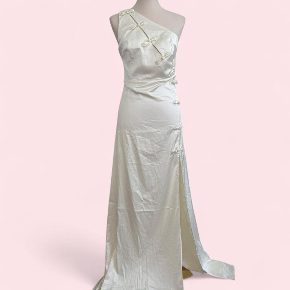 Fashion Nova NWT Ivory One-Shoulder Maxi Gown w/ Frog‎ Buttons